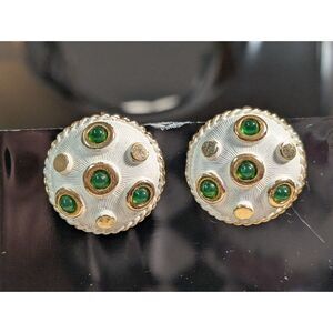 Vintage 1965 Signed Boucher Enamel Clip On Earrings - Green Cabochon 9137